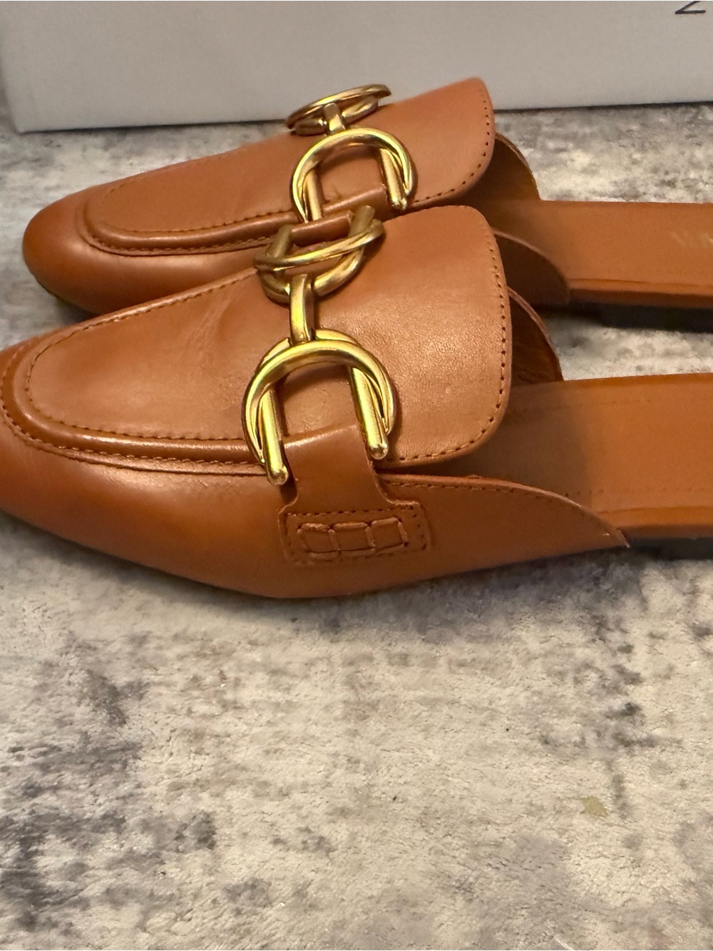 Zara Tan Leather Backless Loafer Mules with Gold Hardware